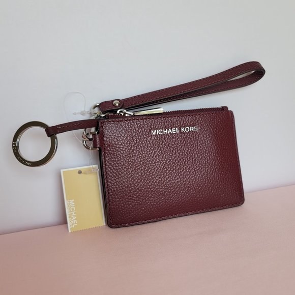 MICHAEL KORS Small Top-Zip Coin Pouch with ID Holder Pebbled Leather-Merlot⭐$69 - Picture 4 of 16